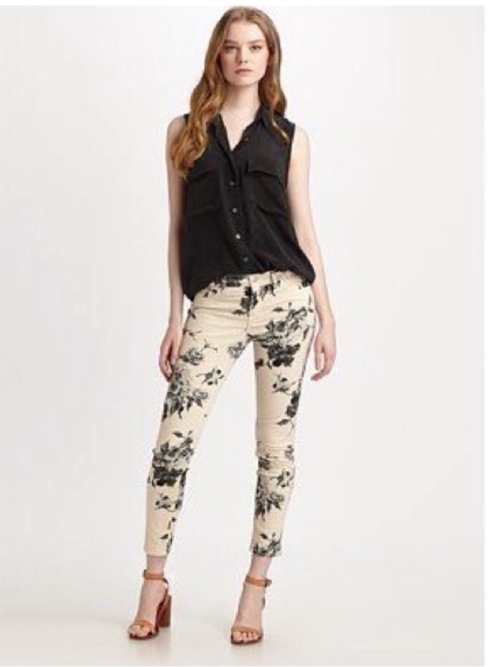 NWT J Brand Empress Floral Print Capri Pants in Blush Grey and Black 29
